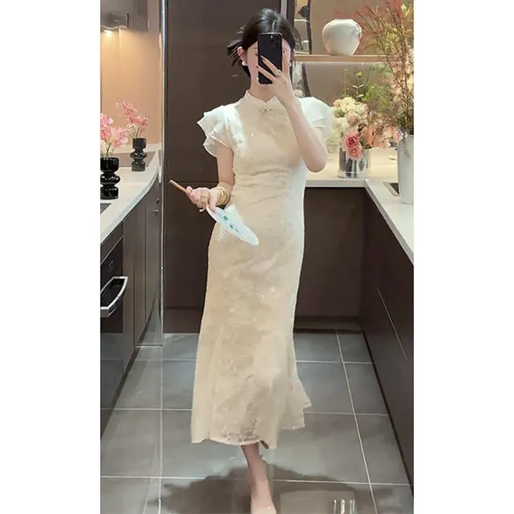 新中式气质国风旗袍连衣裙2025超火夏季新款白色仙气收腰长裙女装