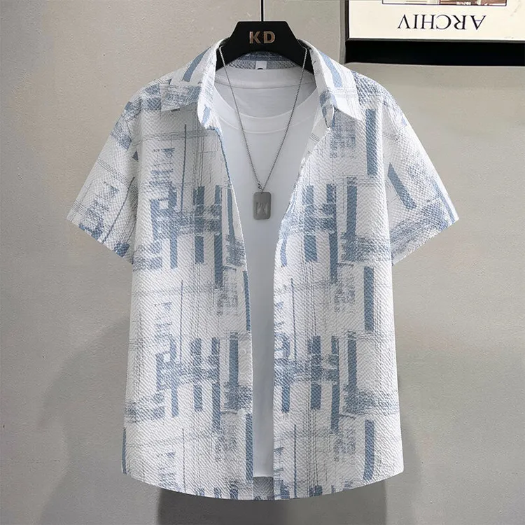 夏季男士冰丝短袖花衬衫网红潮流休闲设计感寸衫大海印花冰爽衬衣