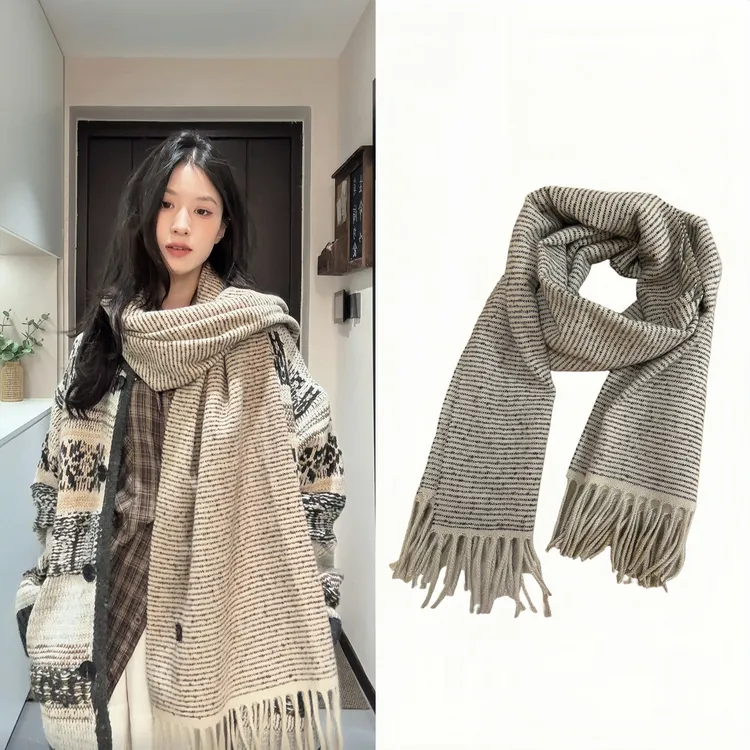 简约不起球条纹保暖韩版通用围巾女士格子加厚秋冬季