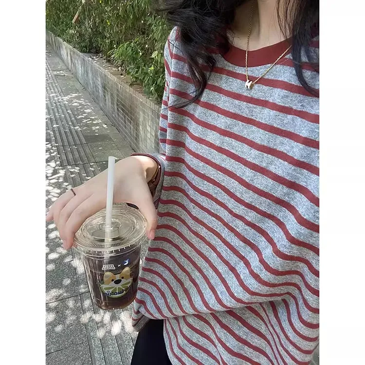 港风chic复古条纹长袖t恤女春秋宽松oversize原宿风休闲百搭上衣
