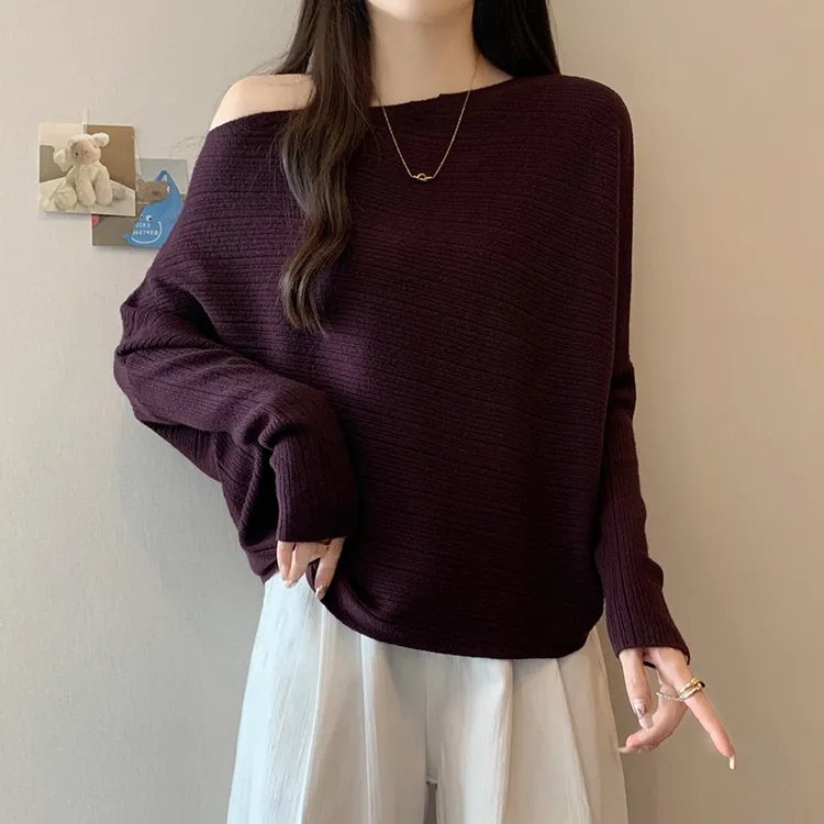 胖mm气质设计感针织衫女秋冬新款蝙蝠袖一字肩宽松显瘦遮肚子上衣
