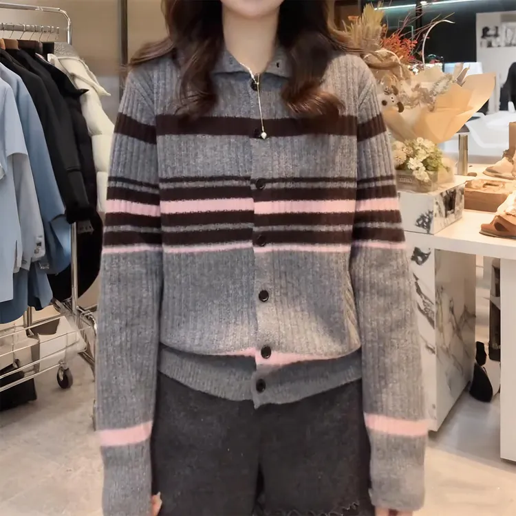 超好看撞色翻领针织开衫女秋冬季新款慵懒风宽松高级时尚漂亮上衣