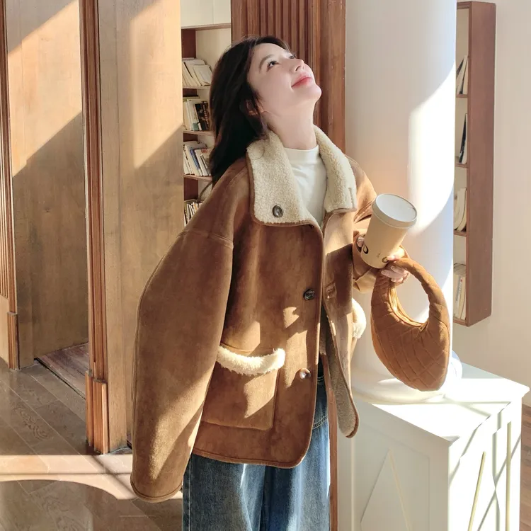 两面穿美拉德羊羔毛皮毛一体外套女冬2025新款复古韩系甜酷风棉服