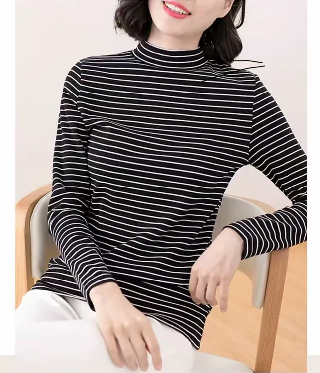 女士长袖半高领条纹针织打底衫修身时尚秋冬新款双面德绒外穿内搭