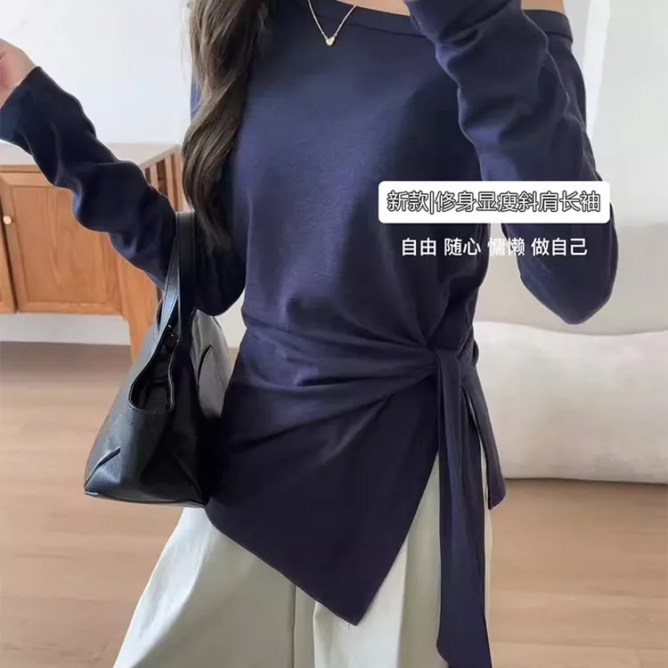 实体档口气质斜领不规则绑带长袖T恤女早秋修身内搭打底衫上衣潮