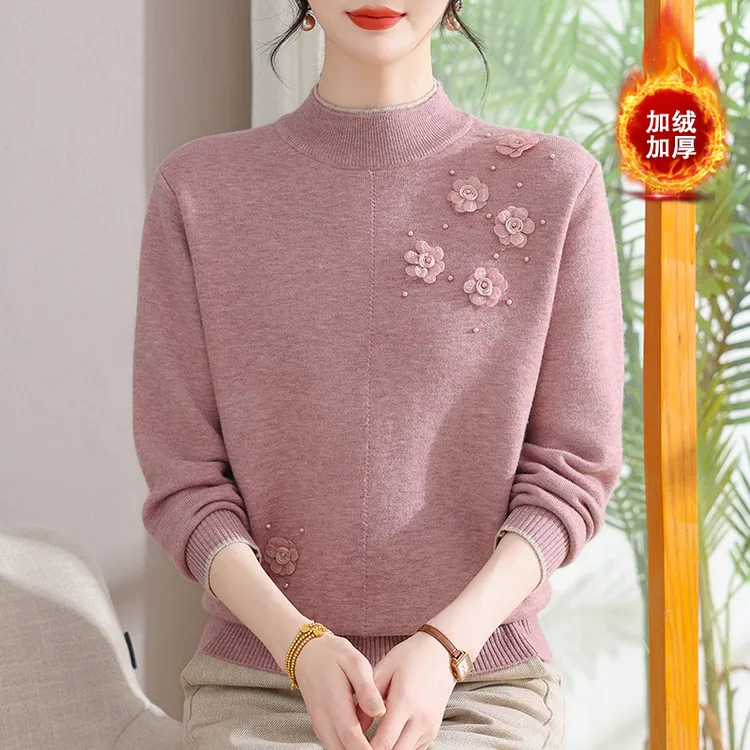 妈妈加绒高领秋冬毛衣新款打底中老年针织宽松洋气上衣针织衫779