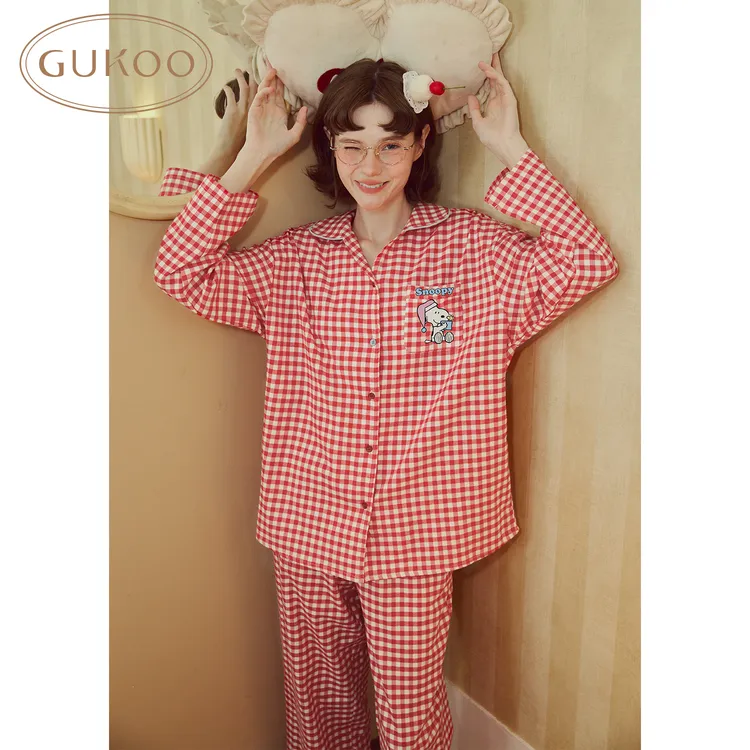 Gukoo果壳春秋新款史努比联名格纹甜美女士长袖家居服套装