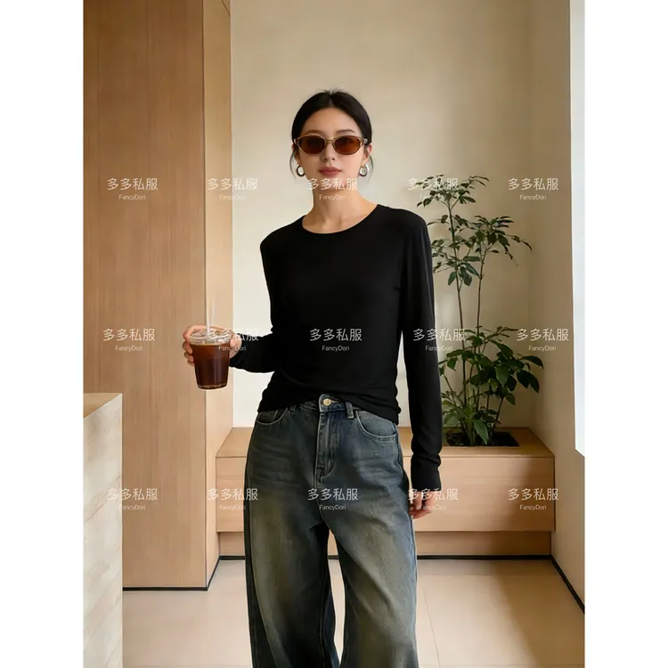 多多【超宠粉款】柔软百搭轻薄圆领长袖精梳棉打底衫新款四季可穿