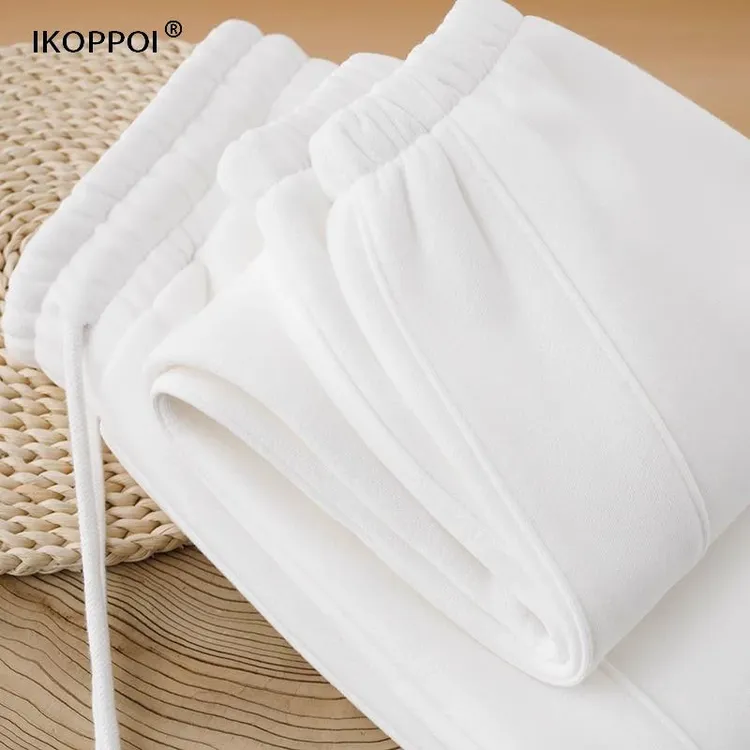 高端休闲百搭白色加绒加厚卫裤2024秋冬季宽松保暖纯色束脚裤男女