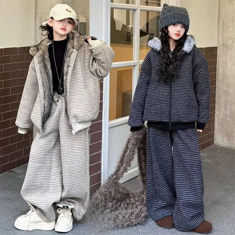 女童套装加绒加厚连帽外套2025新款中大童装时髦洋气秋冬儿童套装