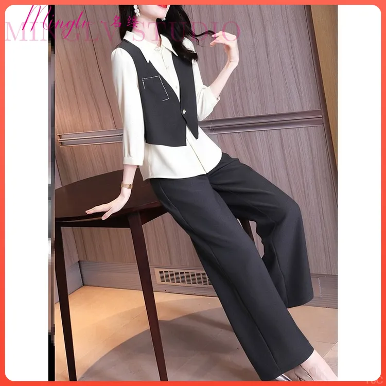 时尚轻熟风拼接假两件马夹衬衫垂感阔腿西裤2025年秋季两件套装女