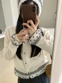 SHEEP现货～韩系2025秋冬新款蕾丝波点拼接宽松系扣针织开衫毛衣