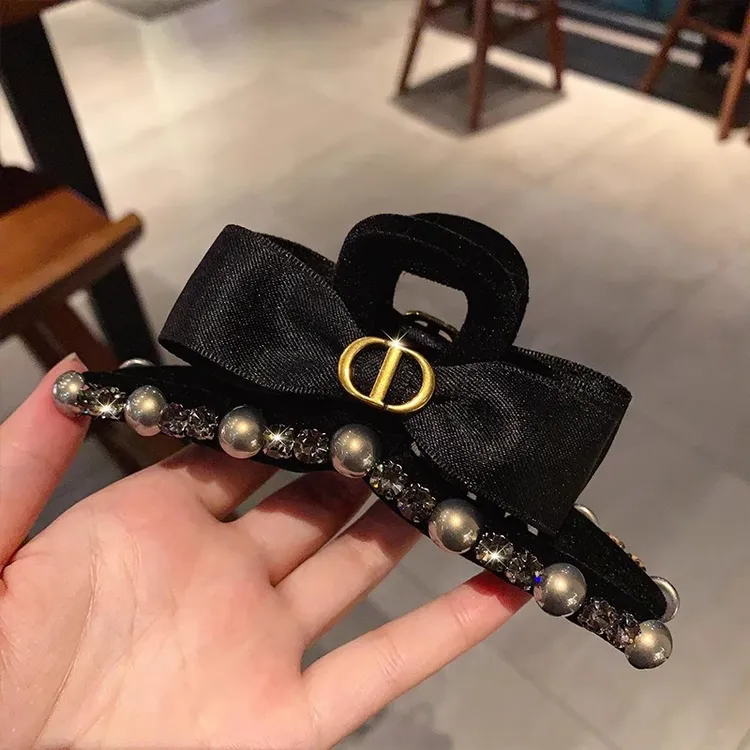 法式气质黑色双面蝴蝶结头饰缎面抓夹水钻高级感发夹女后脑勺发饰