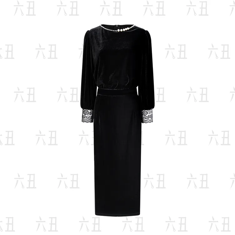 六丑【回眸生花】新款时尚显瘦百搭袖口蕾丝珠珠连衣裙510LYQ1151