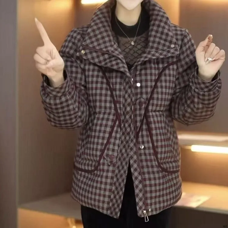 爆款复古格纹保暖棉服上衣时尚新款女装洋气立领大码妈妈休闲外套