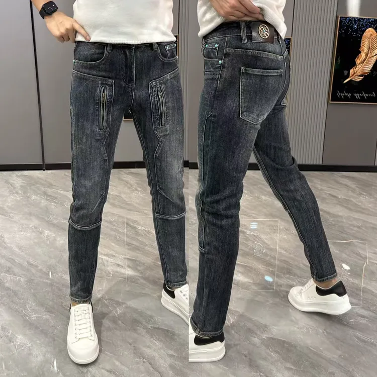 牛仔裤男美式复古拼接男裤冬季款修身小脚裤个性拉链牛仔裤男款