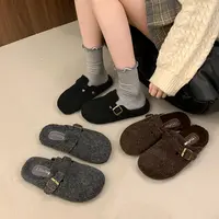 毛毛勃肯拖鞋女外穿2025新款秋冬时尚包头厚底复古加绒保暖半拖鞋