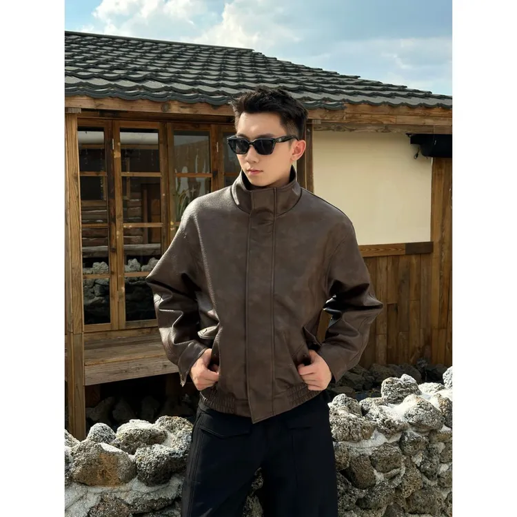 Winson|[荔枝纹理感]男士秋冬高定皮衣夹克高级气质感立领夹克