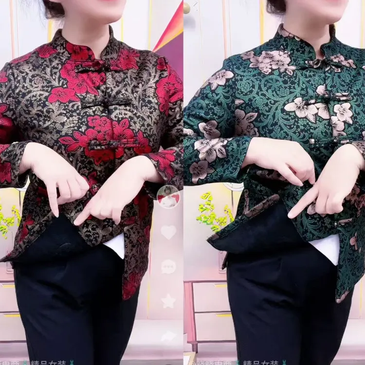 加绒烫金复古盘扣双兜宽松显瘦妈妈开衫气质立领长袖时尚