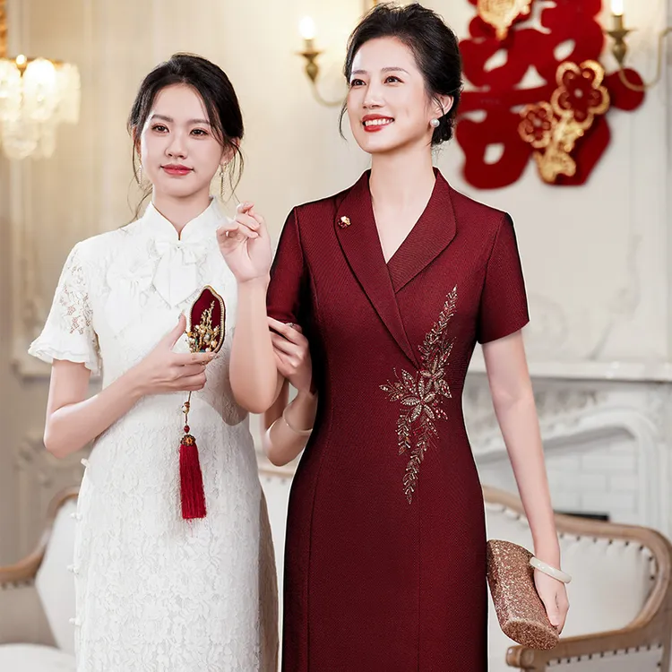 款款大方喜妈妈婚礼裙子新娘高贵显瘦民族风宴会时尚气质酒红色