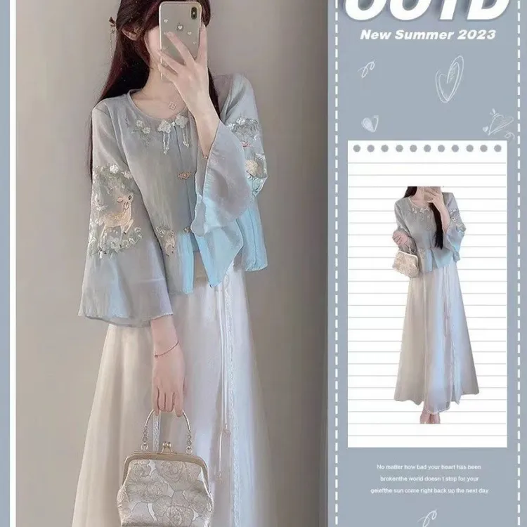 夏季新款古风汉服女茶艺服装优质聚酯连衣裙两件套蓝色白色显瘦