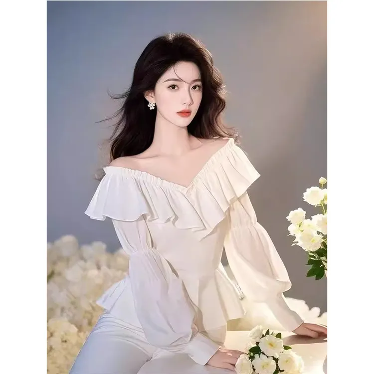 白色高级感荷叶边设计感长袖衬衫女2025春季时尚气质洋气减龄上衣