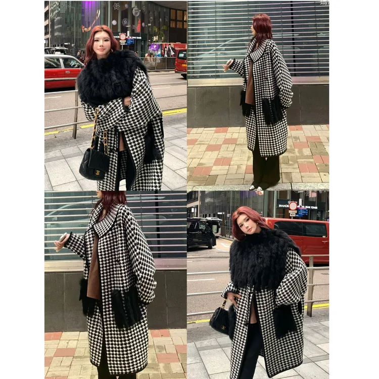 婉君【奢华千鸟格】“狐狸毛”气质奢感千鸟格大衣外套LWJ25D4C4510