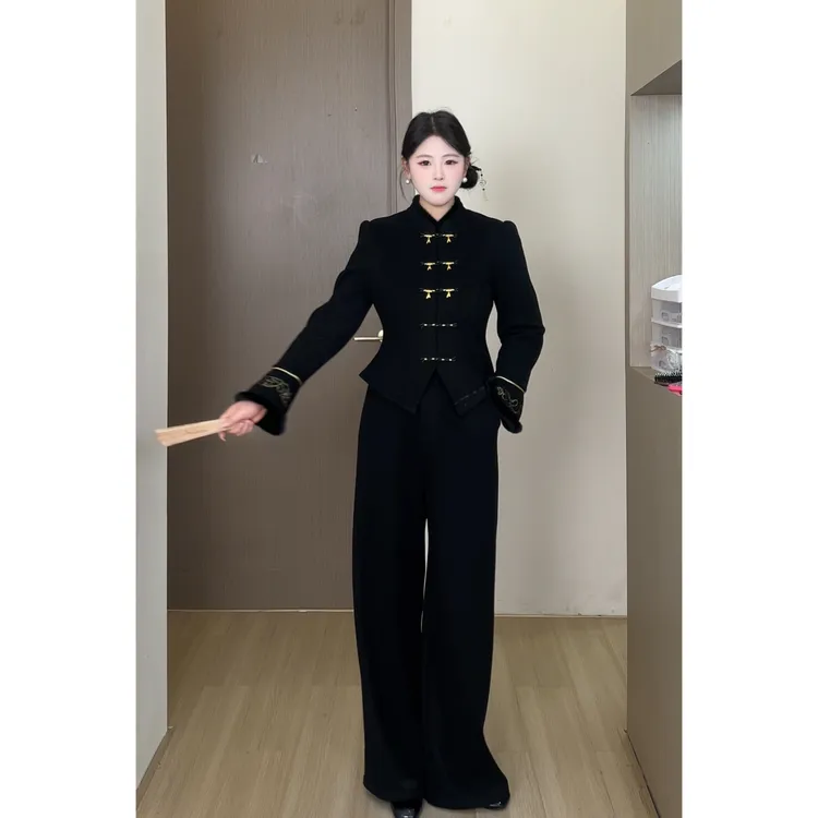 【墨竹江南】秋冬大码新中式收腰盘扣上衣+高腰阔腿裤套装 DM35326