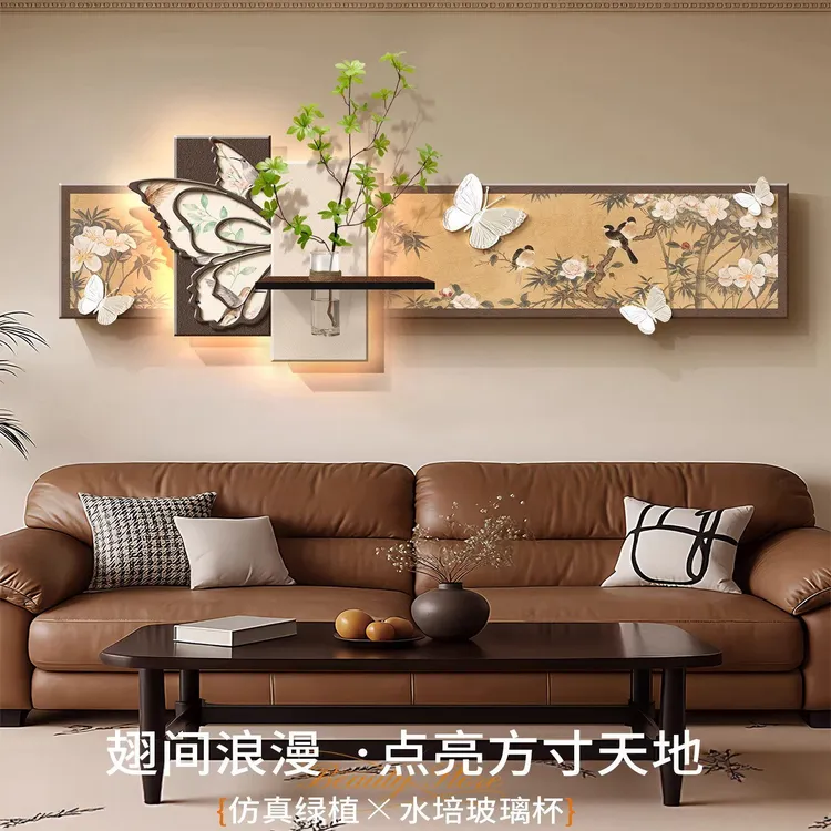 中古风蝴蝶客厅装饰画复古高级感led灯光壁画砂岩沙发背景墙挂画