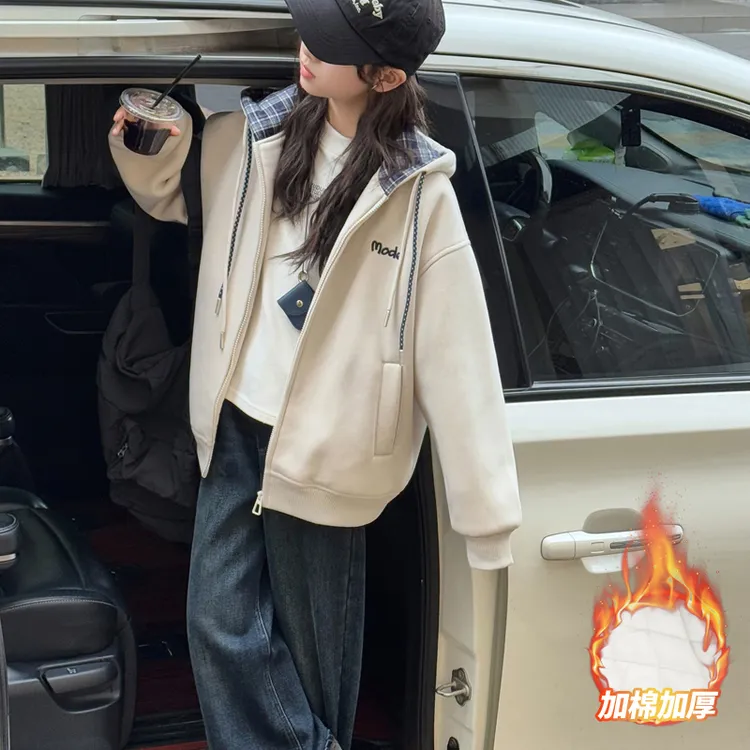 女童秋冬款外套2025新款洋气儿童连帽上衣女大童15岁学生加厚衣服