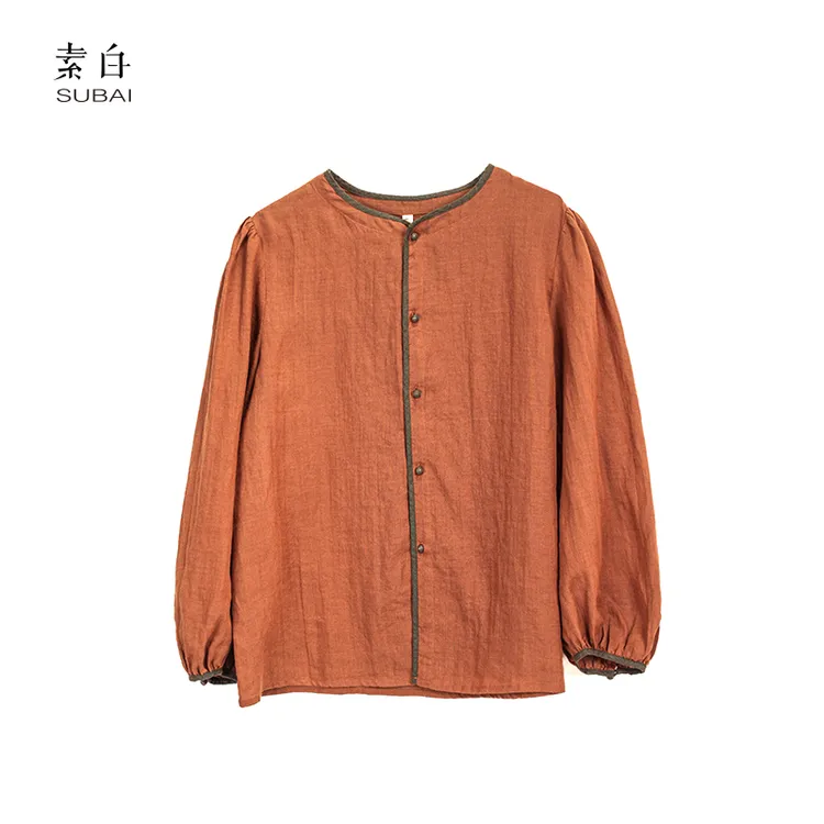 素白【澄思】复古经典纯色撞色长圆领袖防晒外搭衬衫Y2327