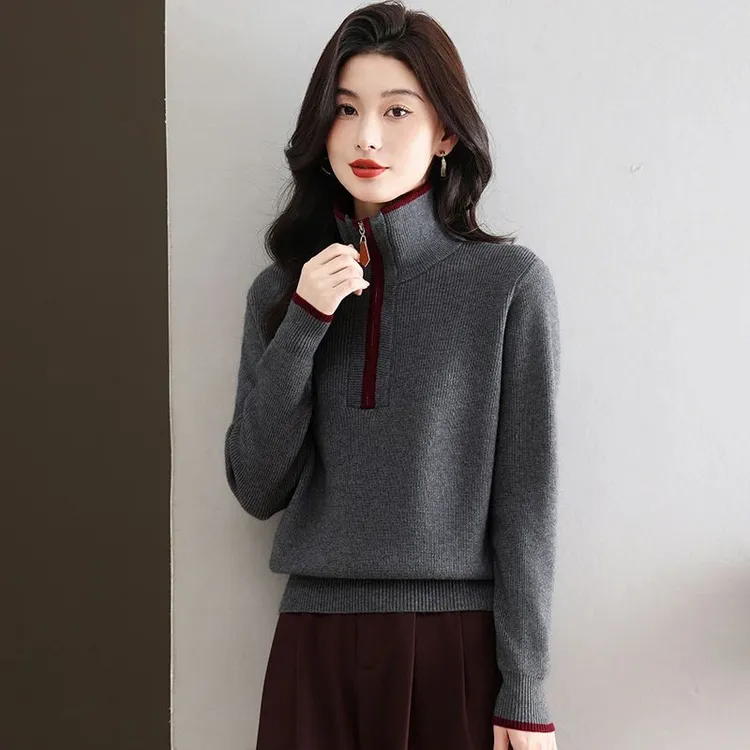 品牌撤柜正品秋冬拉链立领毛衣女内搭POLO衫大码宽松翻领打底衫女