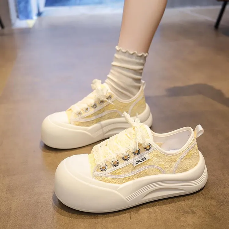 厚底帆布小白鞋女2025夏季新款百搭增高透气蕾丝网面休闲运动板鞋