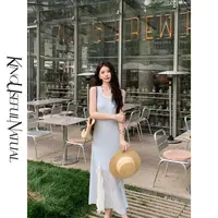 KUN【蓝黛】夏日去海边清爽无袖连衣裙女设计感气质长裙子新款