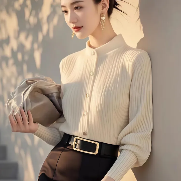 哥家商场同款2025秋季新款优雅气质高级感针织开衫洋气立领上衣