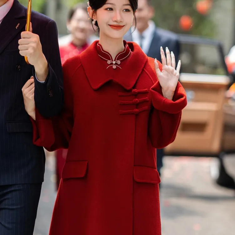 新中式国风红色双面羊毛大衣秋冬呢子新娘结婚过年小个子毛呢外套