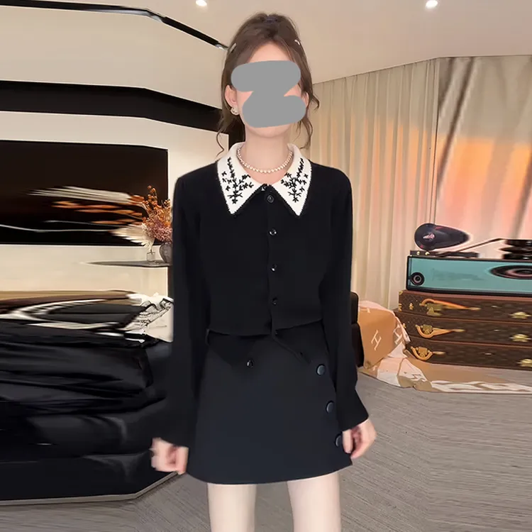 千金清冷感贵系套装女2025春秋新款翻领撞色针织毛衣半身裙两件套