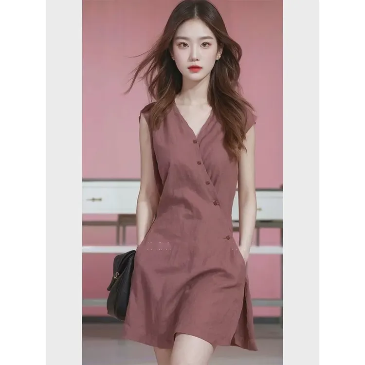 豆沙红V领收腰无袖亚麻连衣裙女夏季2024年冷淡系大方得体的裙子