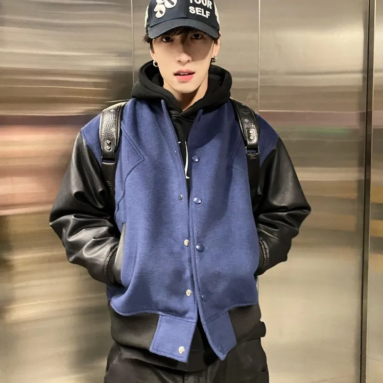 藏青色翻领拼接外套男春秋美式复古棒球服cleanfit底特律工装夹克