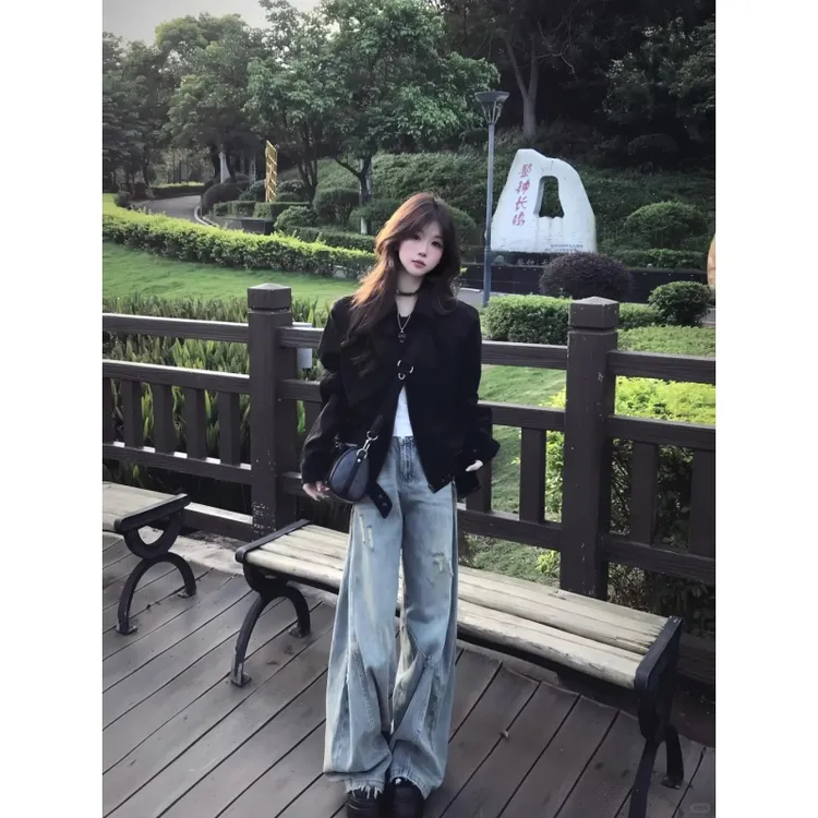 美式炸街复古黑色百搭宽松短款外套小个子高腰显瘦牛仔阔腿裤套装