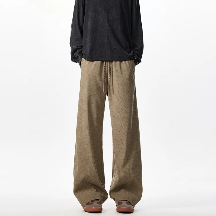 斜切棕色vintage裤子男款美拉德日系复古直筒宽松暗纹理休闲裤潮