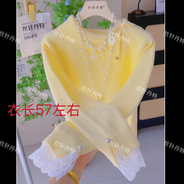 Dcs732斜翻领袖口蕾丝斜肩毛衣女款爆款内搭可外穿针织打底衫