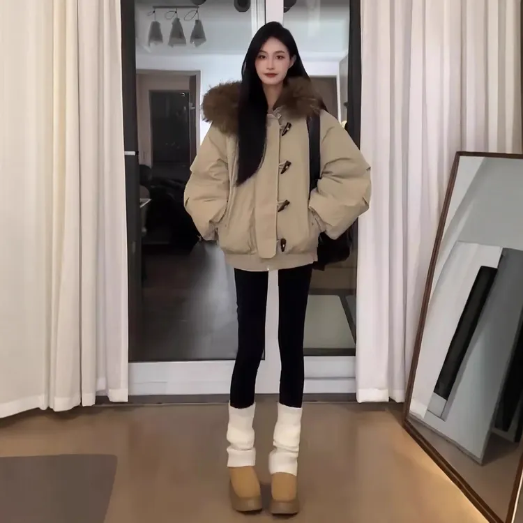 大毛领派克服女保暖棉服2025冬季新款加厚棉衣复古牛角扣棉袄外套