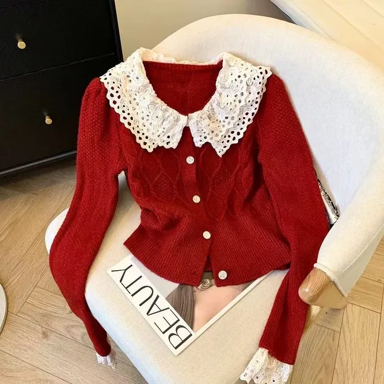 韩系气质双层蕾丝拼接娃娃领毛衣秋季冬收腰显瘦短款针织衫#9222