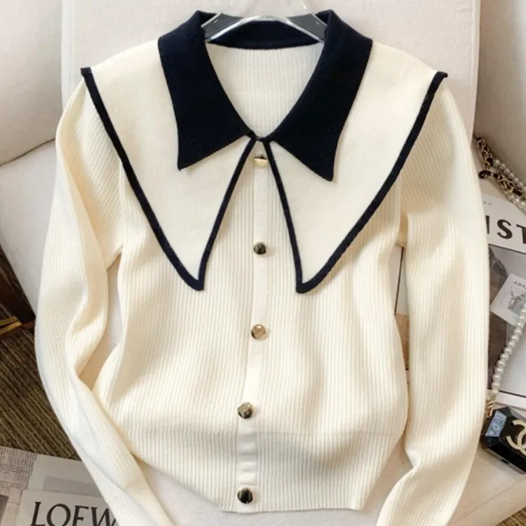 娃娃领打底衫女秋冬高级感内搭毛衣小香风撞色减龄时尚韩版2469