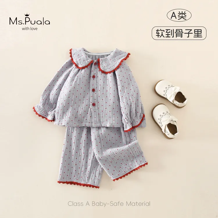 【Ms.Puala软软睡】童装婴幼儿女童家居服秋季娃娃领波点睡衣套装柔