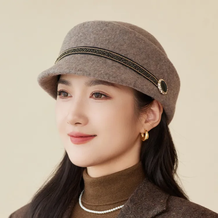 新款羊毛呢鸭舌帽子女秋冬季复古马术帽时尚百搭盆帽英伦妈妈礼帽