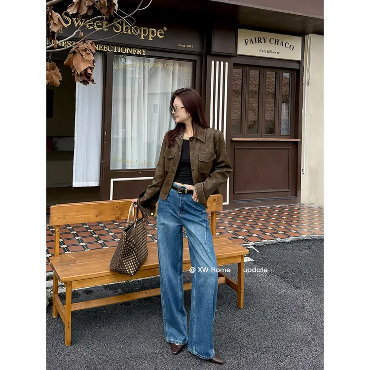 小王家秋冬新款弯刀阔腿高级气质牛仔裤慵懒风百搭裤子女抖音双11