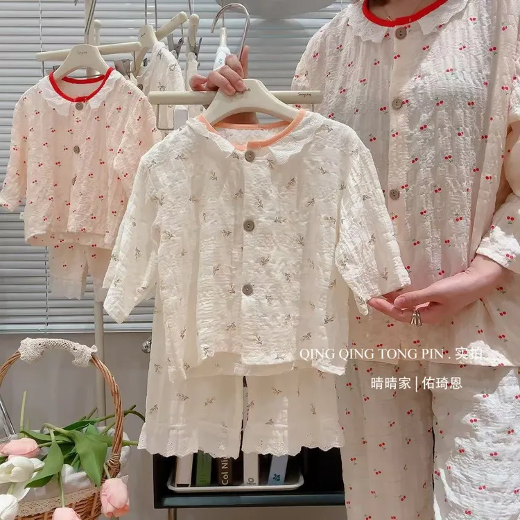 儿童家居服套装女童2025新夏季薄款睡衣七分袖空调服两件套蕾丝