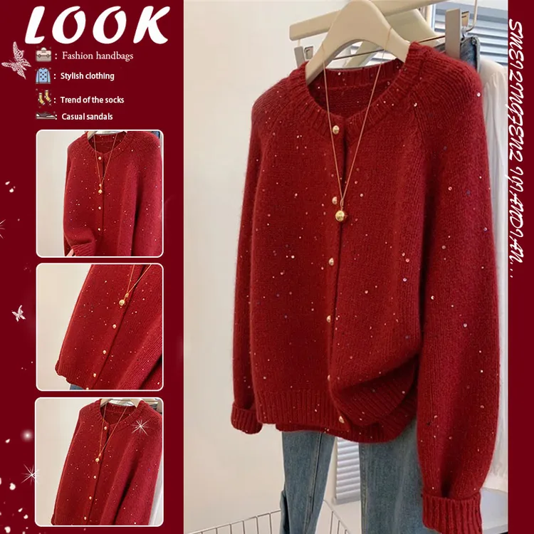温柔氛围感亮片圆领毛衣开衫女秋冬本命新年复古红色软糯针织外套
